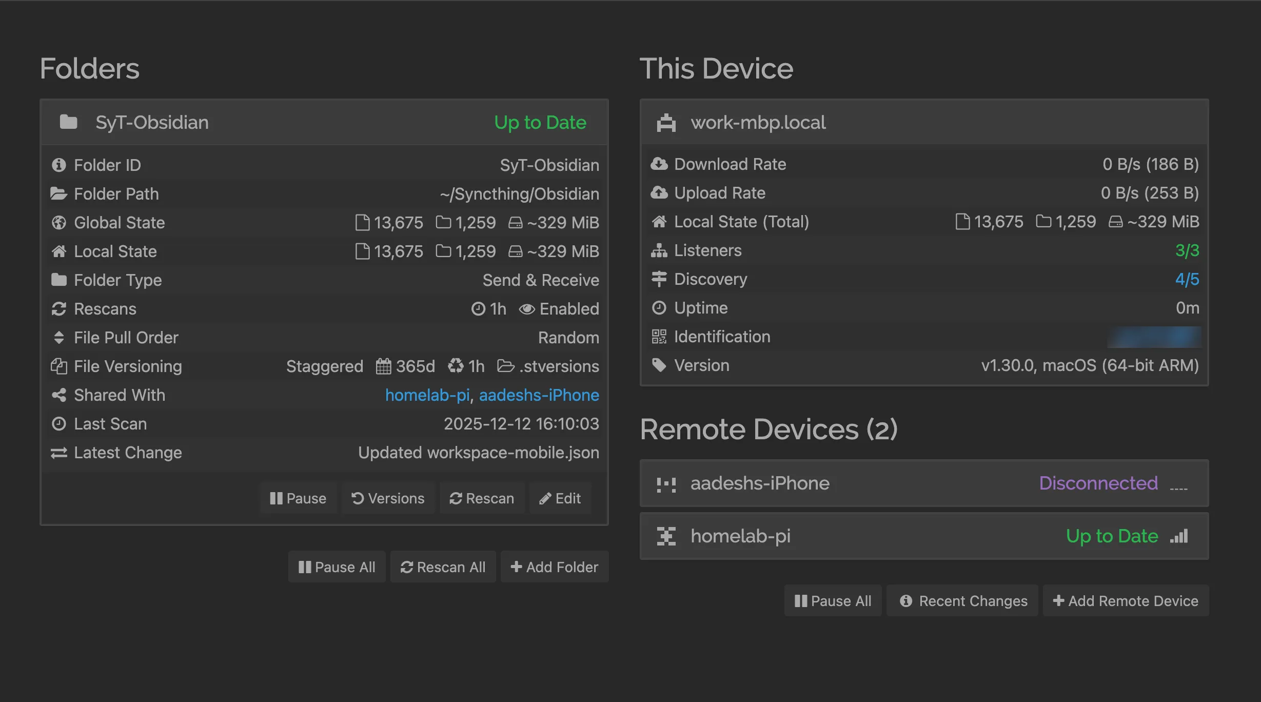 A screenshot of the Syncthing web-client showing details of the connection and data